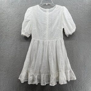 Boho Eyelet Lace Dress Womens Extra Small XS White Puff Sleeves Cottagecore